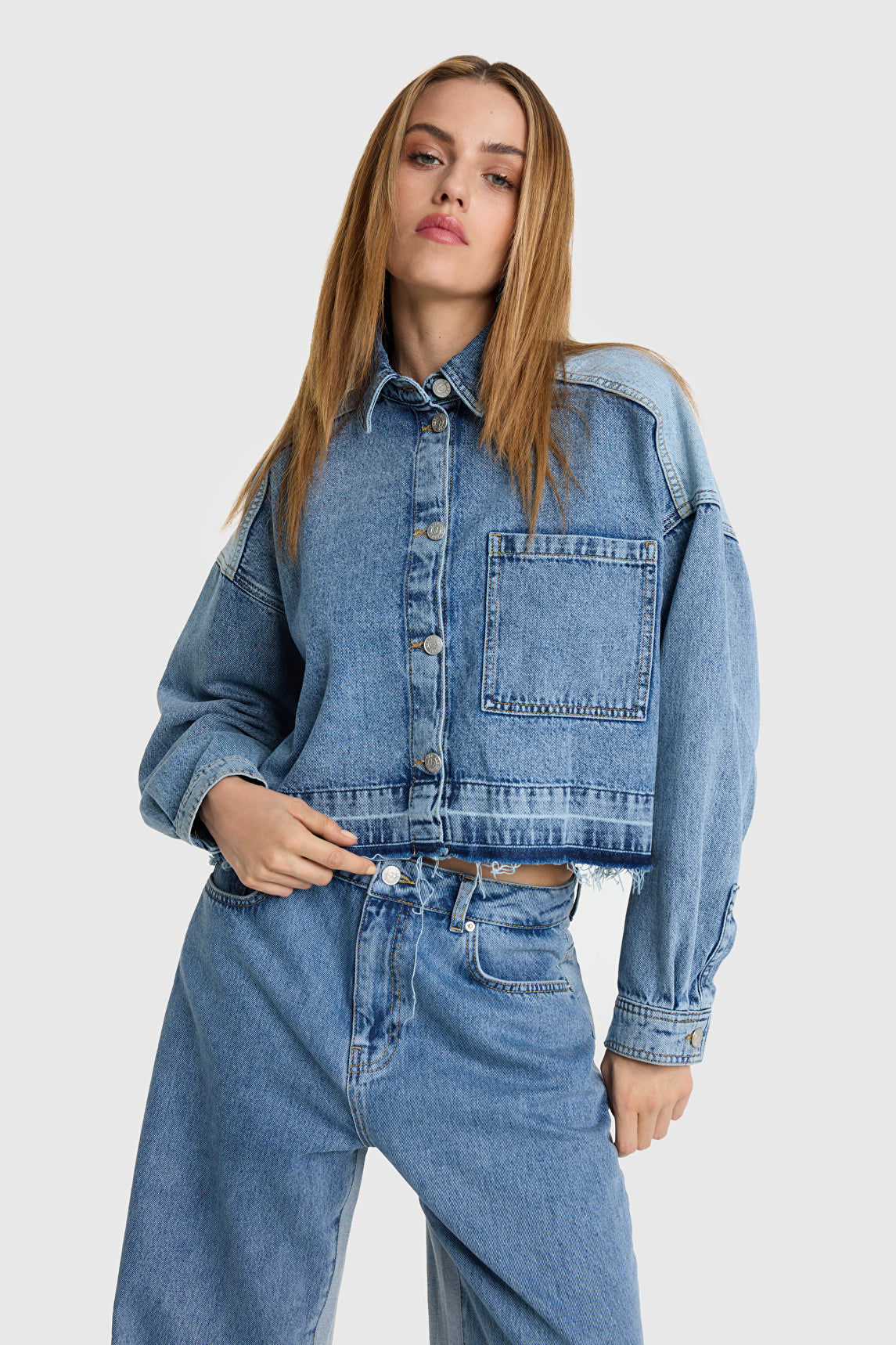 LADIES WOVEN MIX DENIM BLOUSE